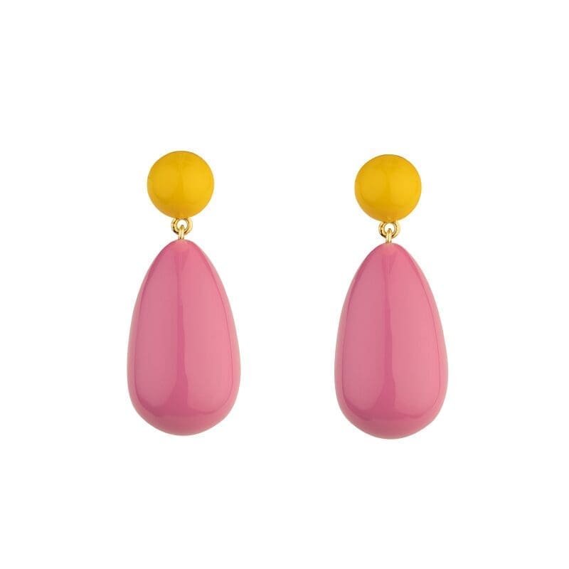 Eshvi's Large Drop Earrings in 18K Yellow Gold Plated Sterling Silver and Brass with Yellow and Light Pink Enamel