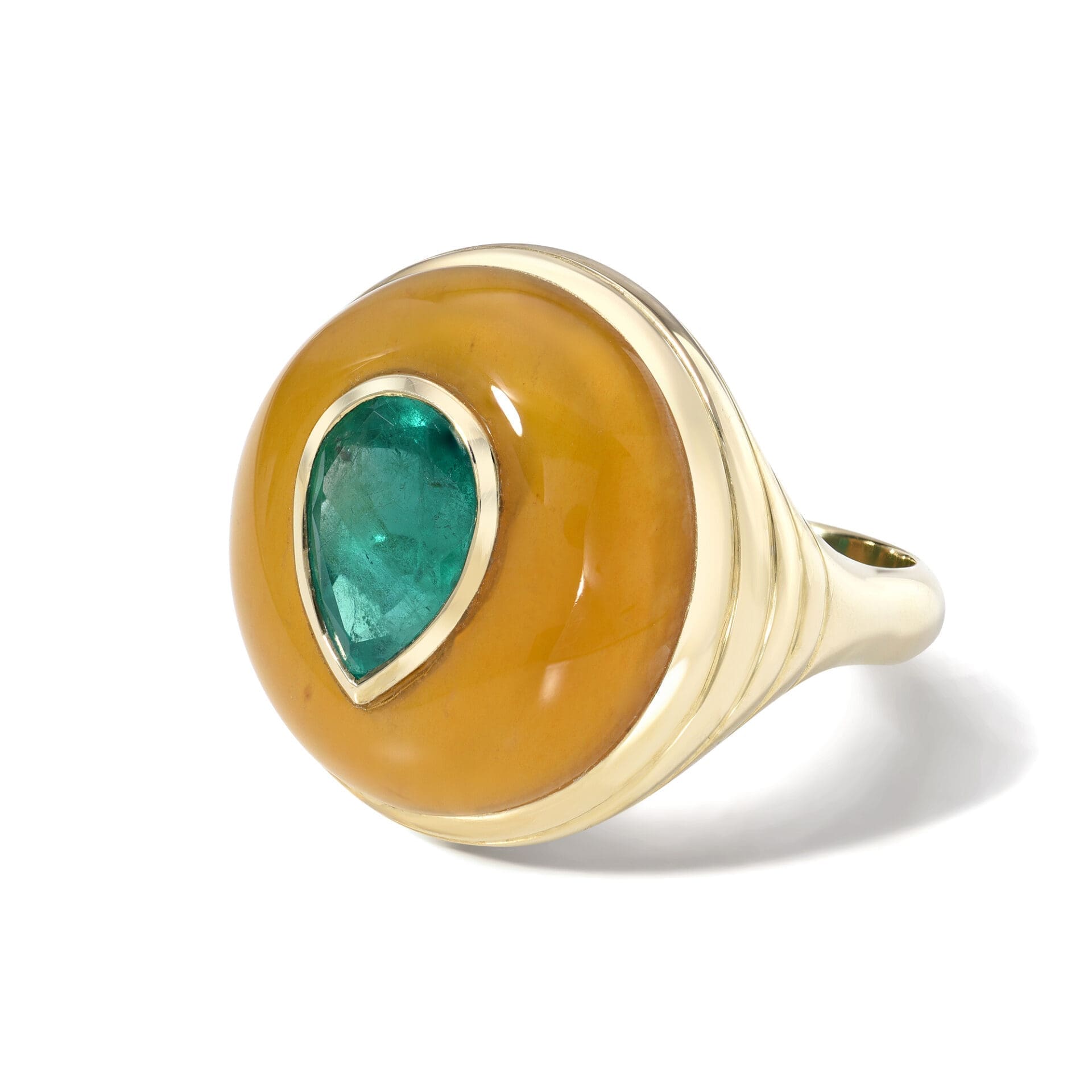 Petite Lollipop 14K Yellow Gold with Pear Shaped Emerald 1.19 Carats & Carnelian, Size 7