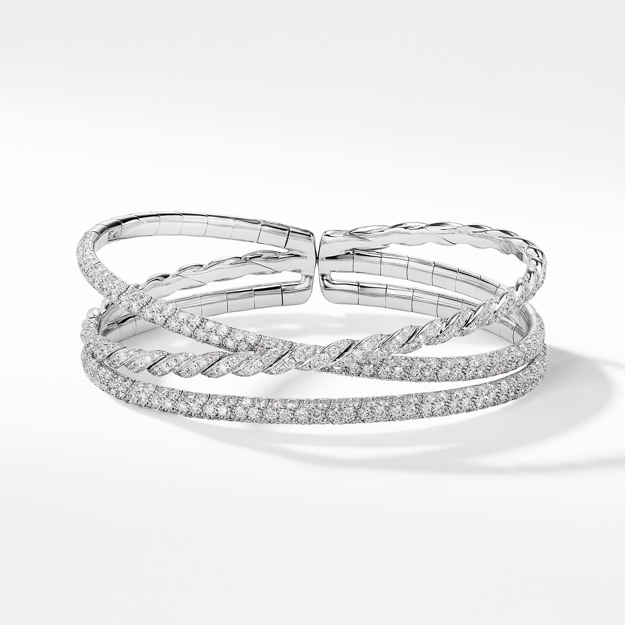 Sculpted Cable Flex Three Row Bracelet in 18K White Gold with Diamonds, 21mm