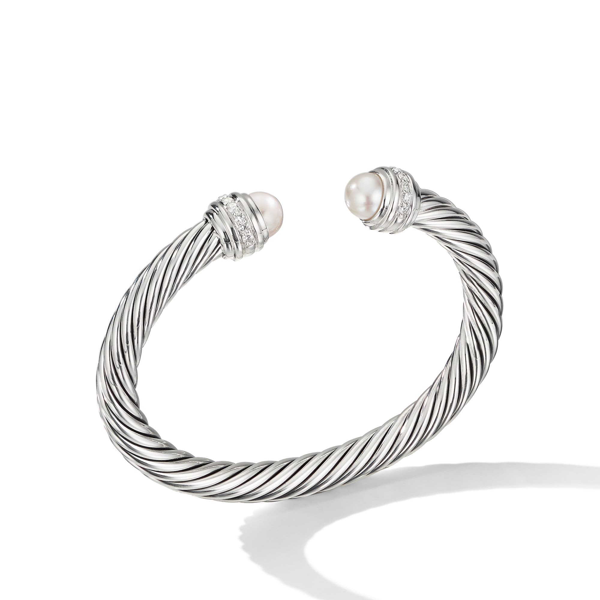 Classic Cable Bracelet in Sterling Silver with Pearls and Diamonds, 7mm