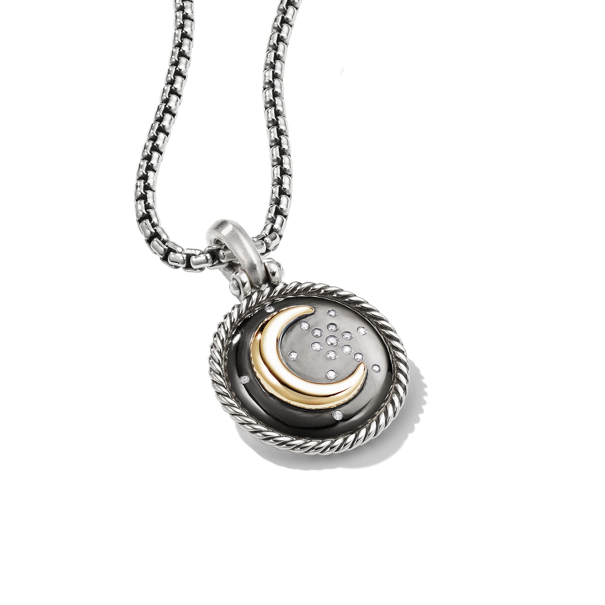 Moon and Star Amulet in Sterling Silver with 18K Yellow Gold and Diamonds, 21mm