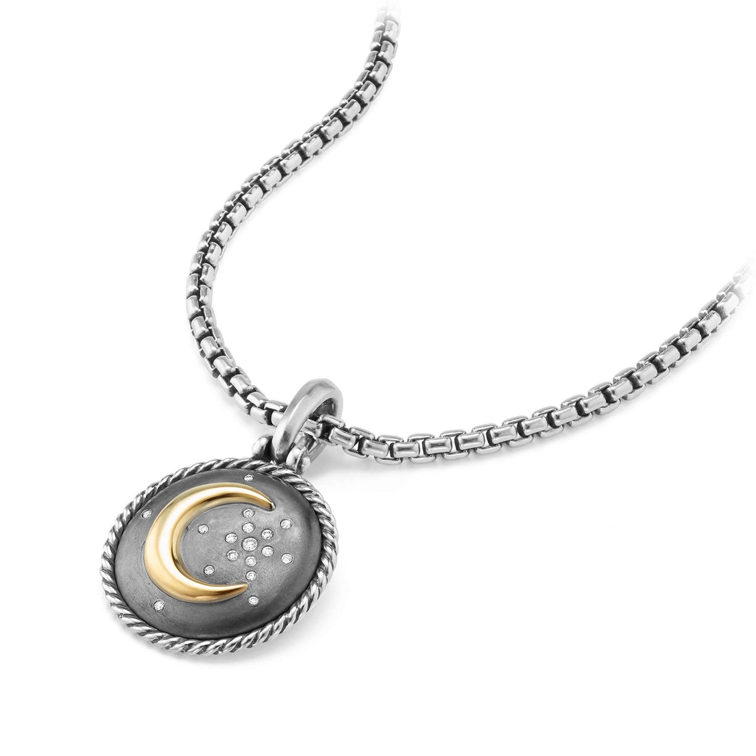 Moon and Star Amulet in Sterling Silver with 18K Yellow Gold and Diamonds, 21mm