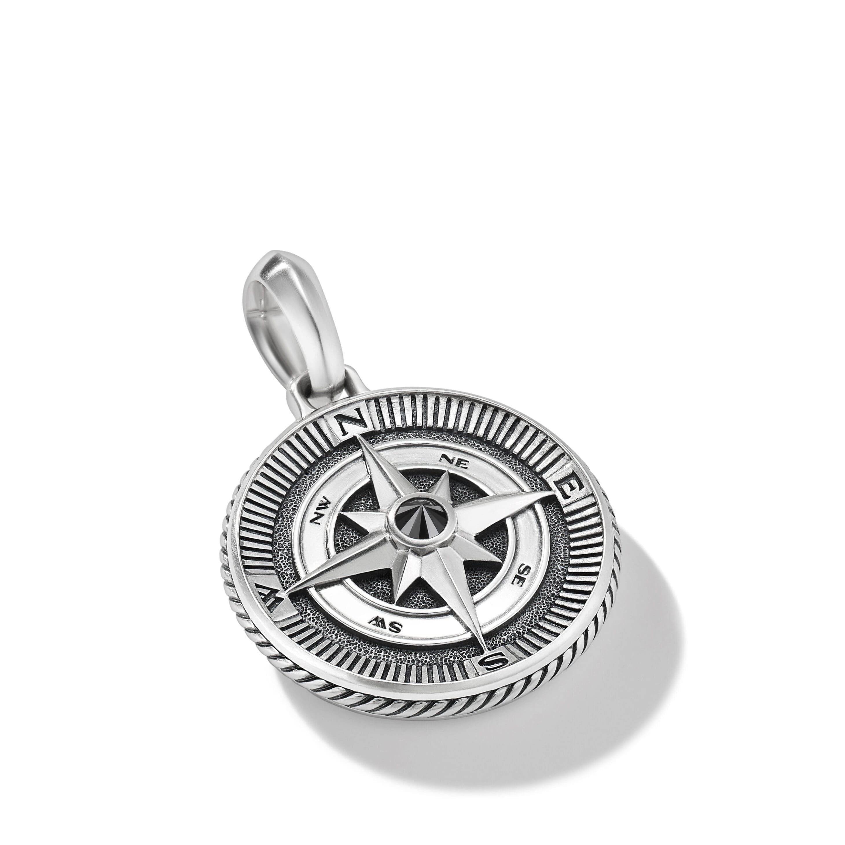 Maritime® Compass Amulet in Sterling Silver with Center Black Diamond, 26.8mm