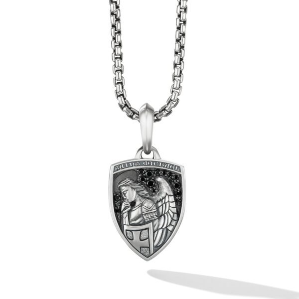 St. Michael Amulet in Sterling Silver with Black Diamonds, 26mm