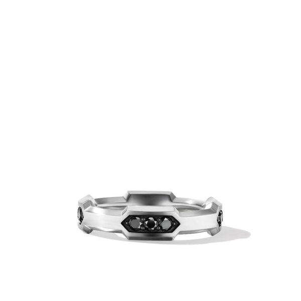 Hex Station Band Ring in Sterling Silver with Black Diamonds, 6mm