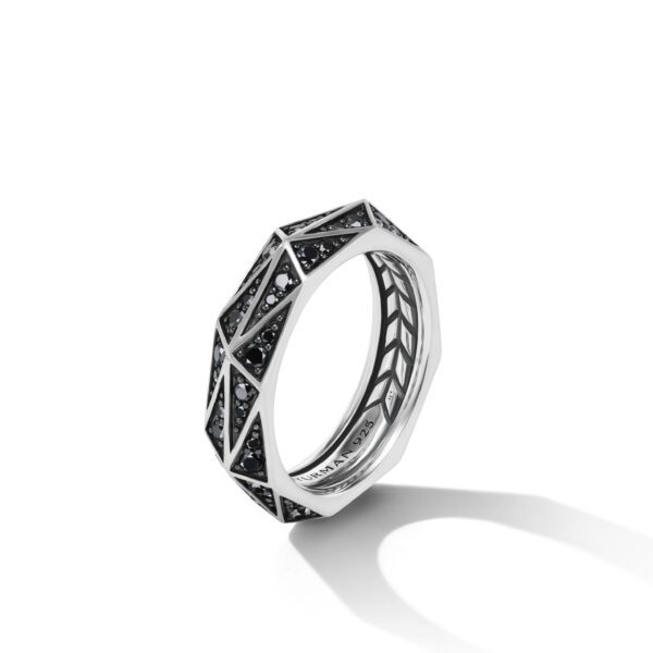 Torqued Faceted Band Ring in Sterling Silver with Pavé Black Diamonds - Image 4