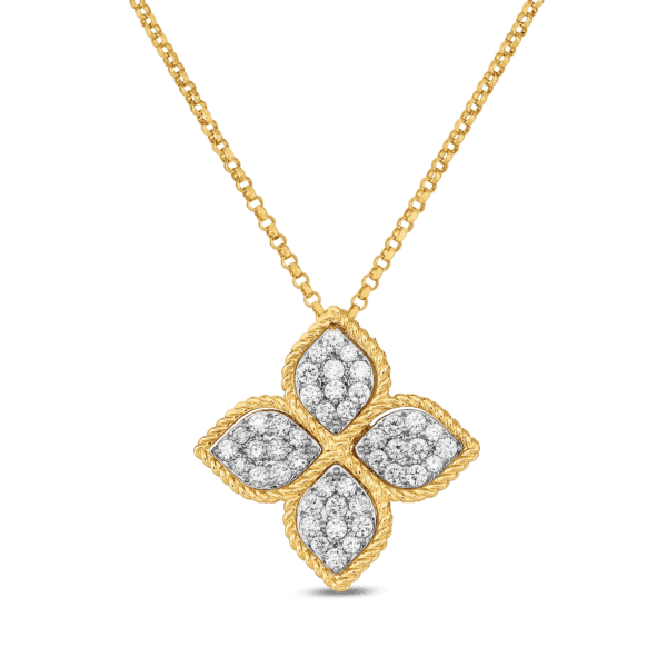 18K GOLD PRINCESS FLOWER LARGE DIAMOND FLOWER NECKLACE - 18K Yellow Gold