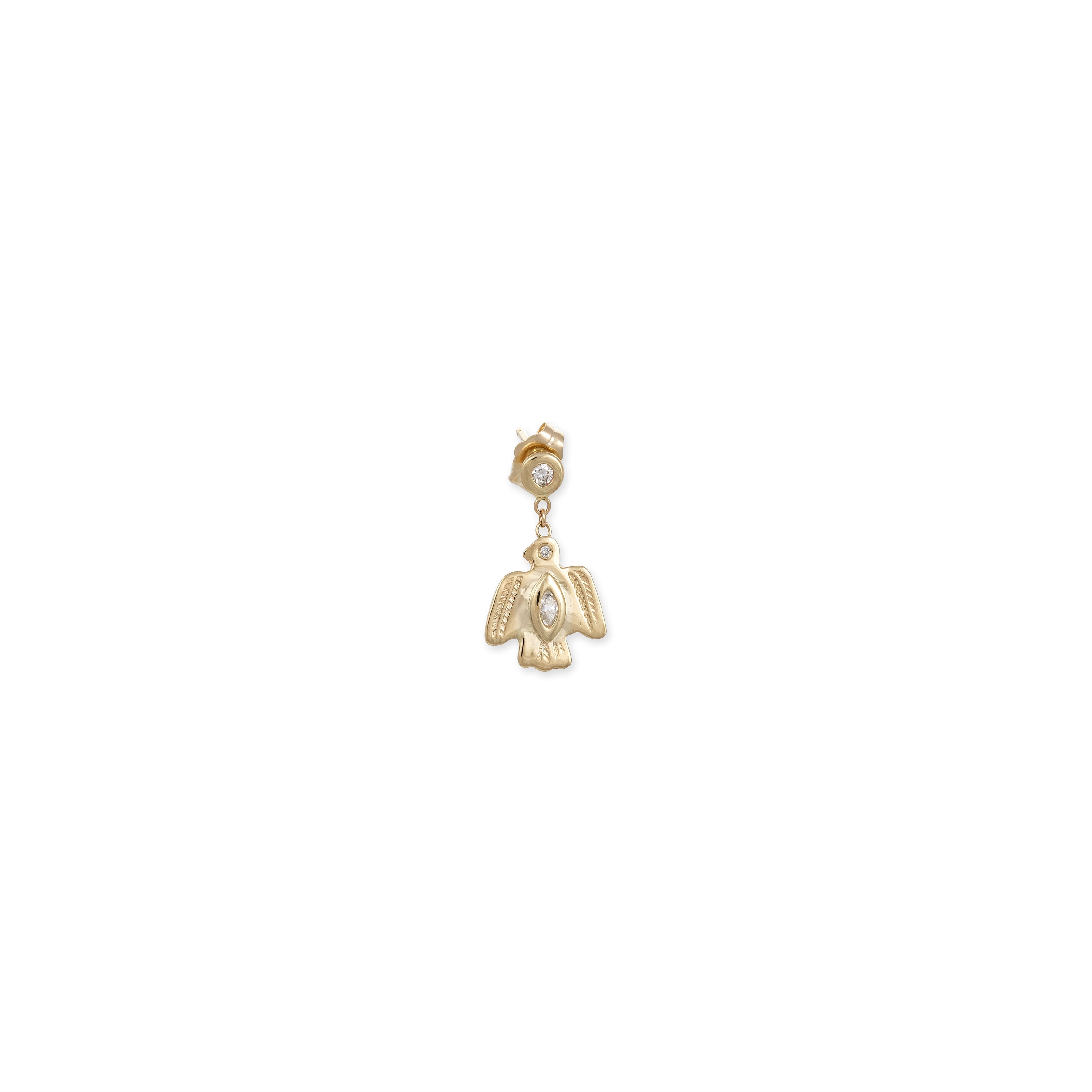 14K Yellow Gold with Round & Marquise Diamond Small Thunderbird Single Drop Stud Earring