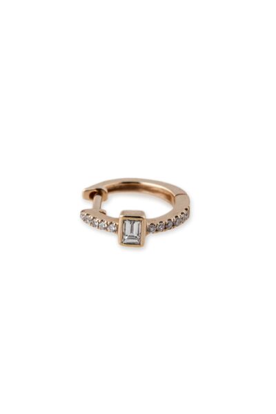 14K Yellow Gold with Diamond Pave & Baguette Diamond Single Mini Hoop Earring