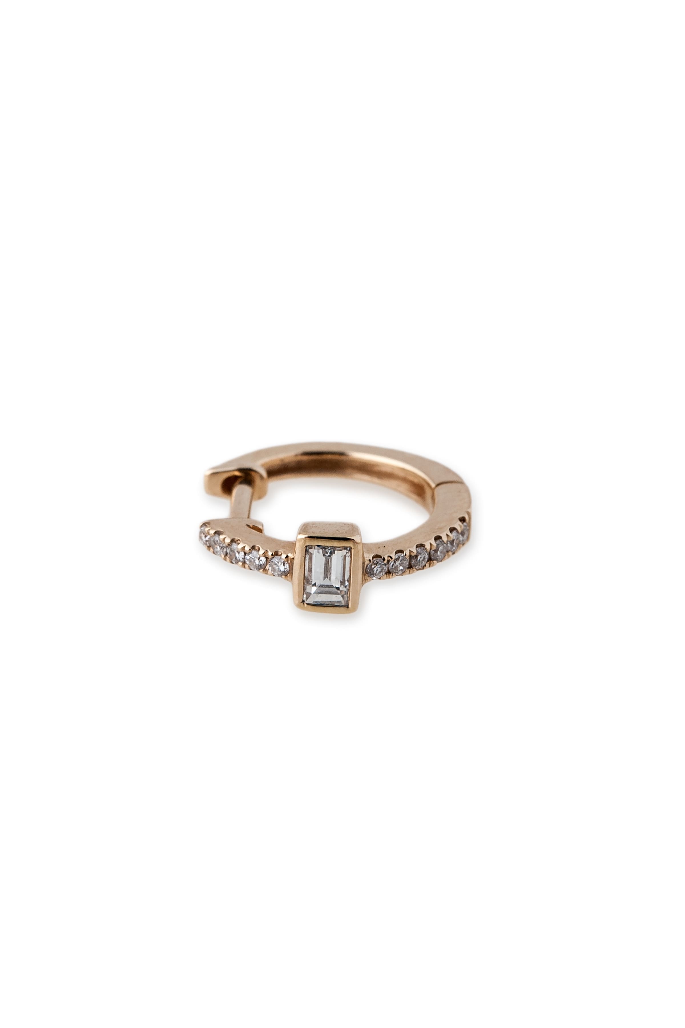 14K Yellow Gold with Diamond Pave & Baguette Diamond Single Mini Hoop Earring