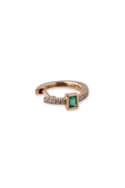 14K Yellow Gold with Emerald Baguette & Pave Diamonds Mini Hoop Single Earring