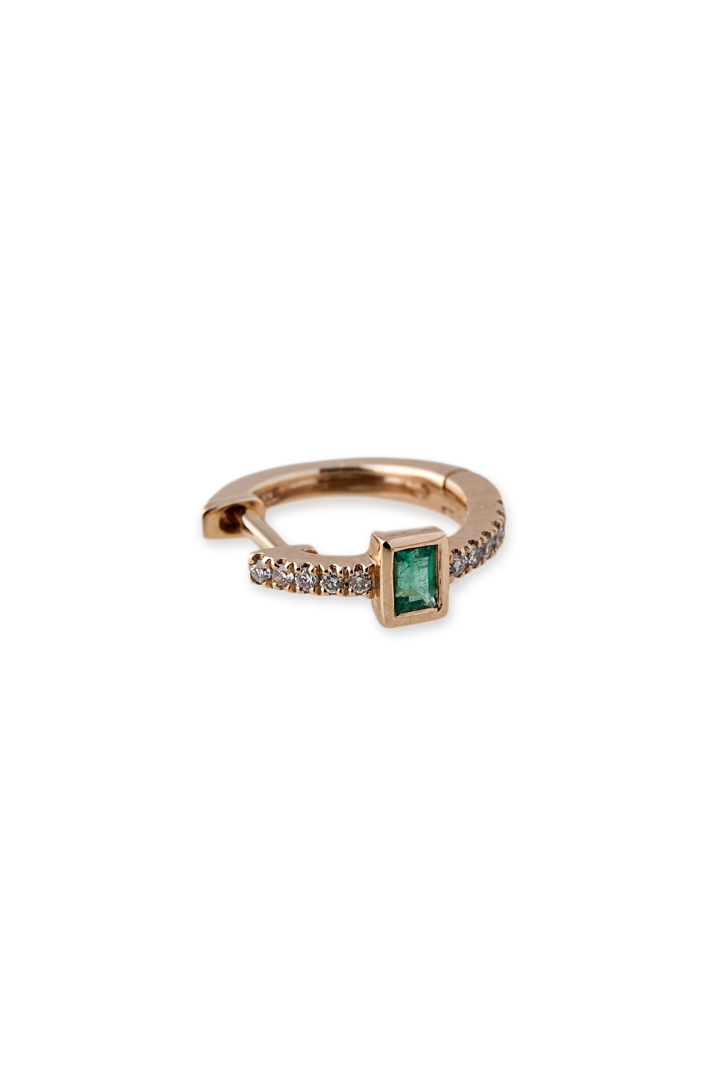 14K Yellow Gold with Emerald Baguette & Pave Diamonds Mini Hoop Single Earring