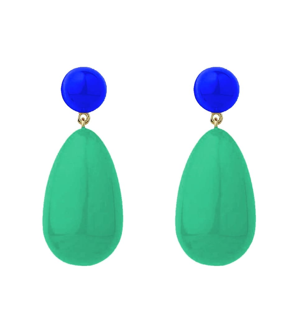 Eshvi's Large Drop Earrings in 18K Yellow Gold Plated Sterling Silver and Brass with Blue and Turquoise Enamel