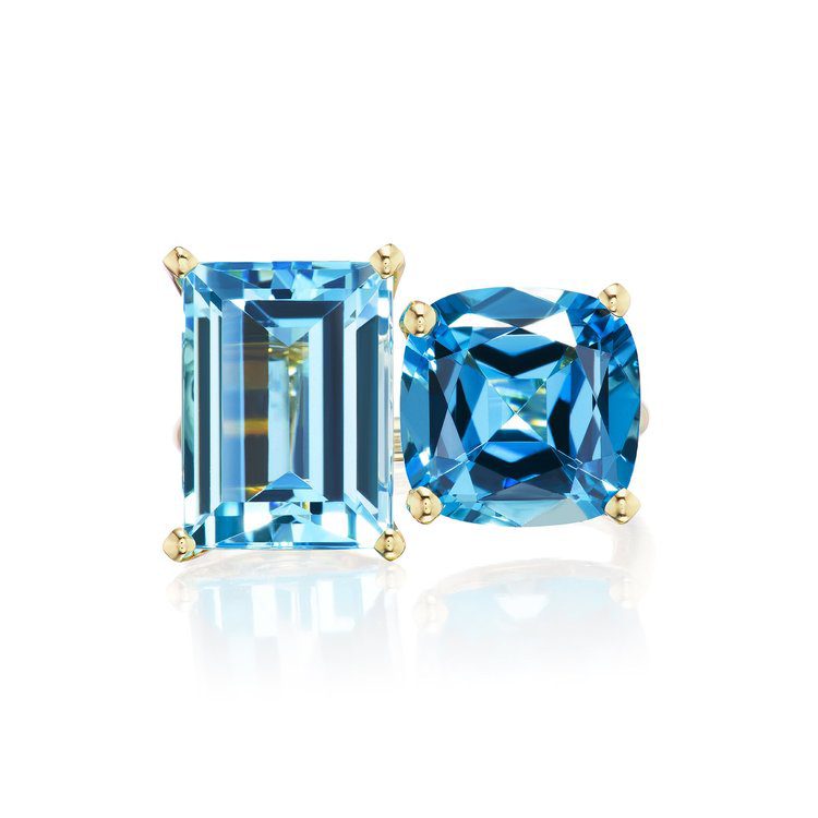 Bold 2-Stone Ring with London Blue Topaz Cushion & Blue Topaz Baguette