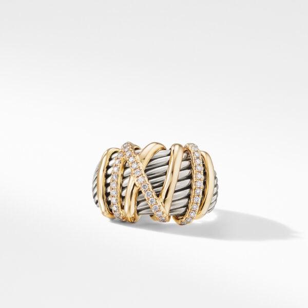 Crossover Three Row Ring in Sterling Silver with 18K Yellow Gold and Diamonds, 7mm - Image 2