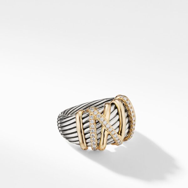 Crossover Three Row Ring in Sterling Silver with 18K Yellow Gold and Diamonds, 7mm