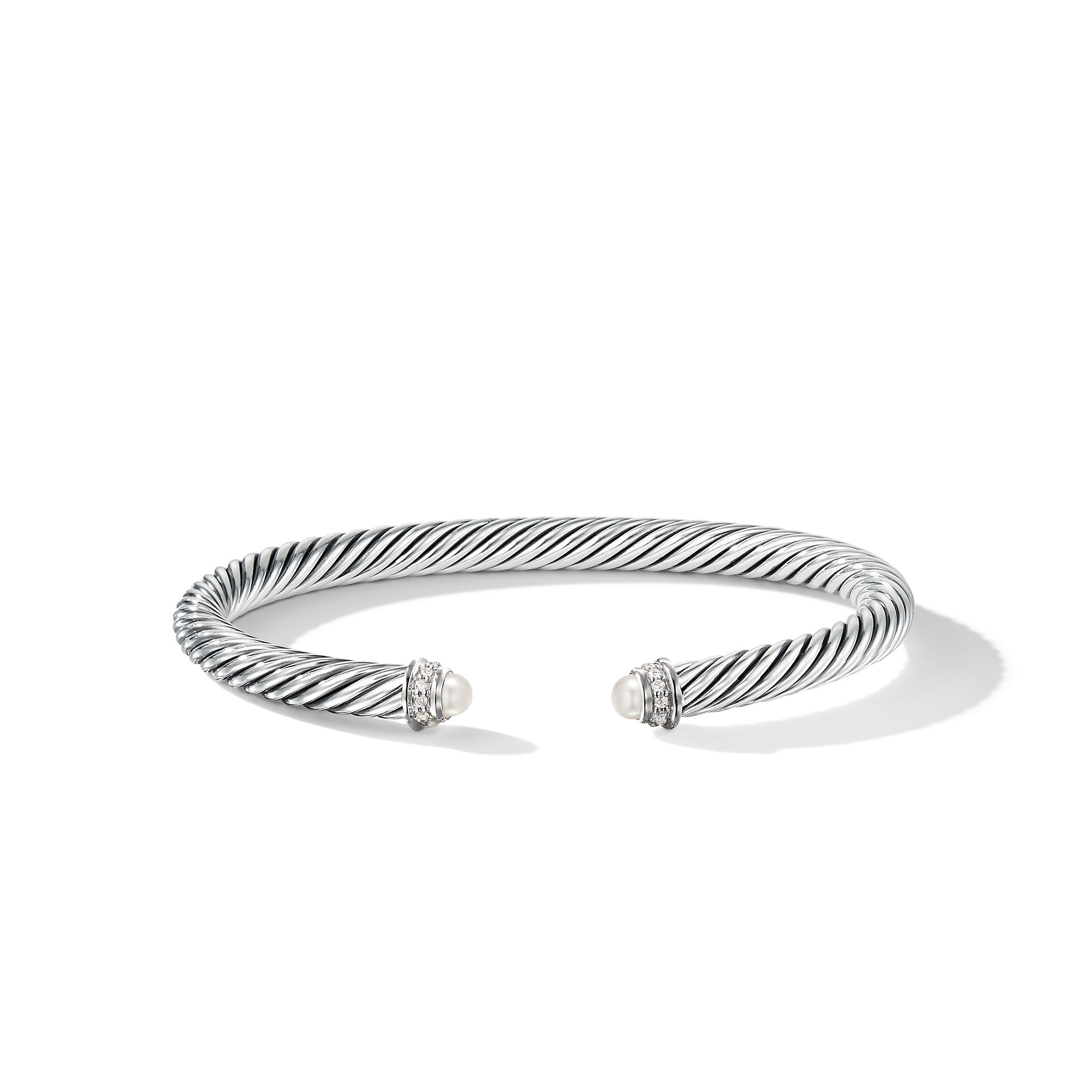Classic Cable Bracelet in Sterling Silver with Pearls and Diamonds, 5mm
