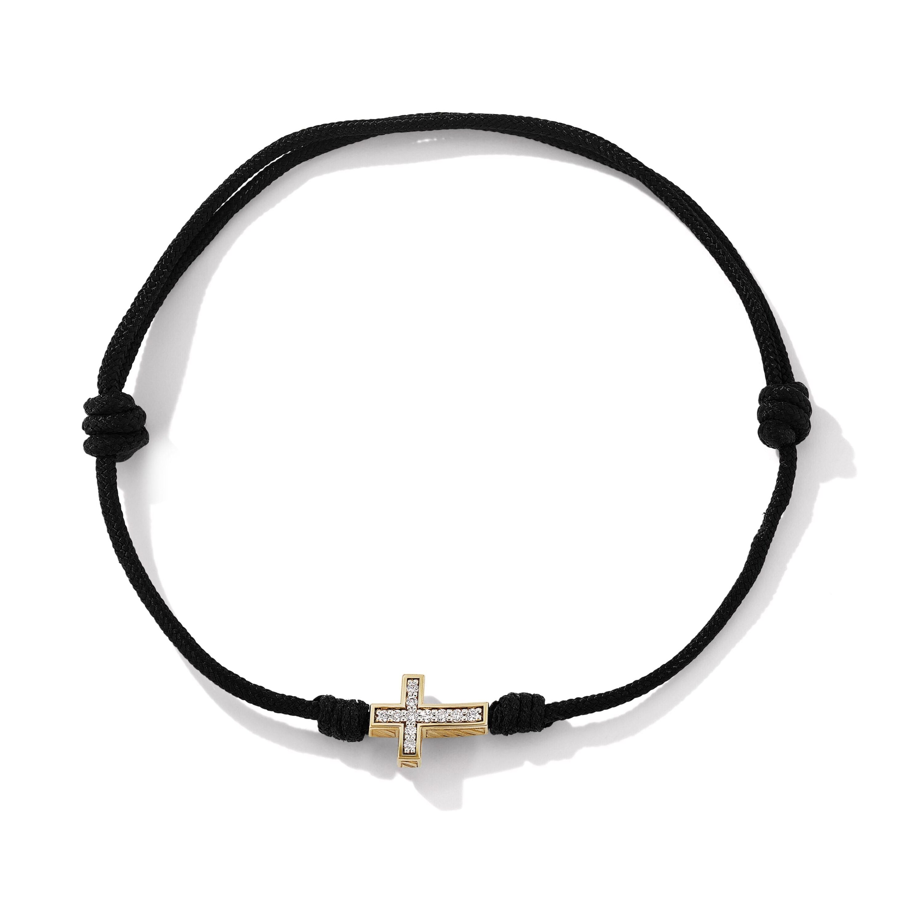 Cross Cord Bracelet in Black Nylon with 18K Yellow Gold and Diamonds, 9mm