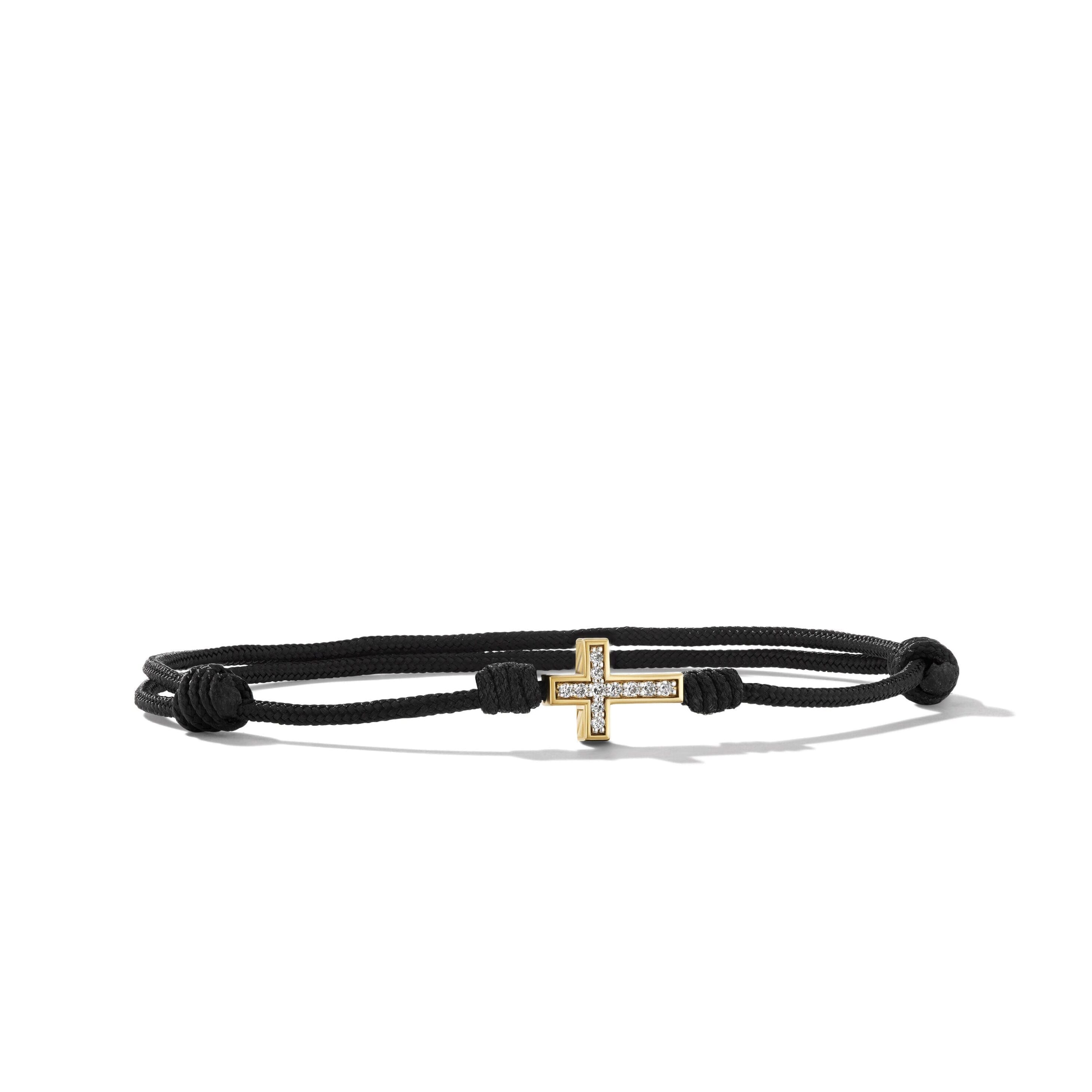 Cross Cord Bracelet in Black Nylon with 18K Yellow Gold and Diamonds, 9mm