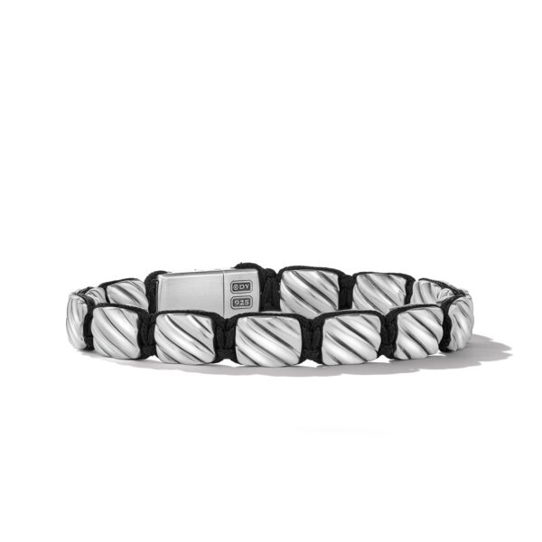 Sculpted Cable Woven Tile Bracelet with Sterling Silver and Black Nylon, 8.5mm