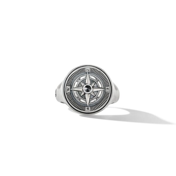 Maritime Compass Signet Ring in Sterling Silver with Center Black Diamond, 19.4mm - Image 2