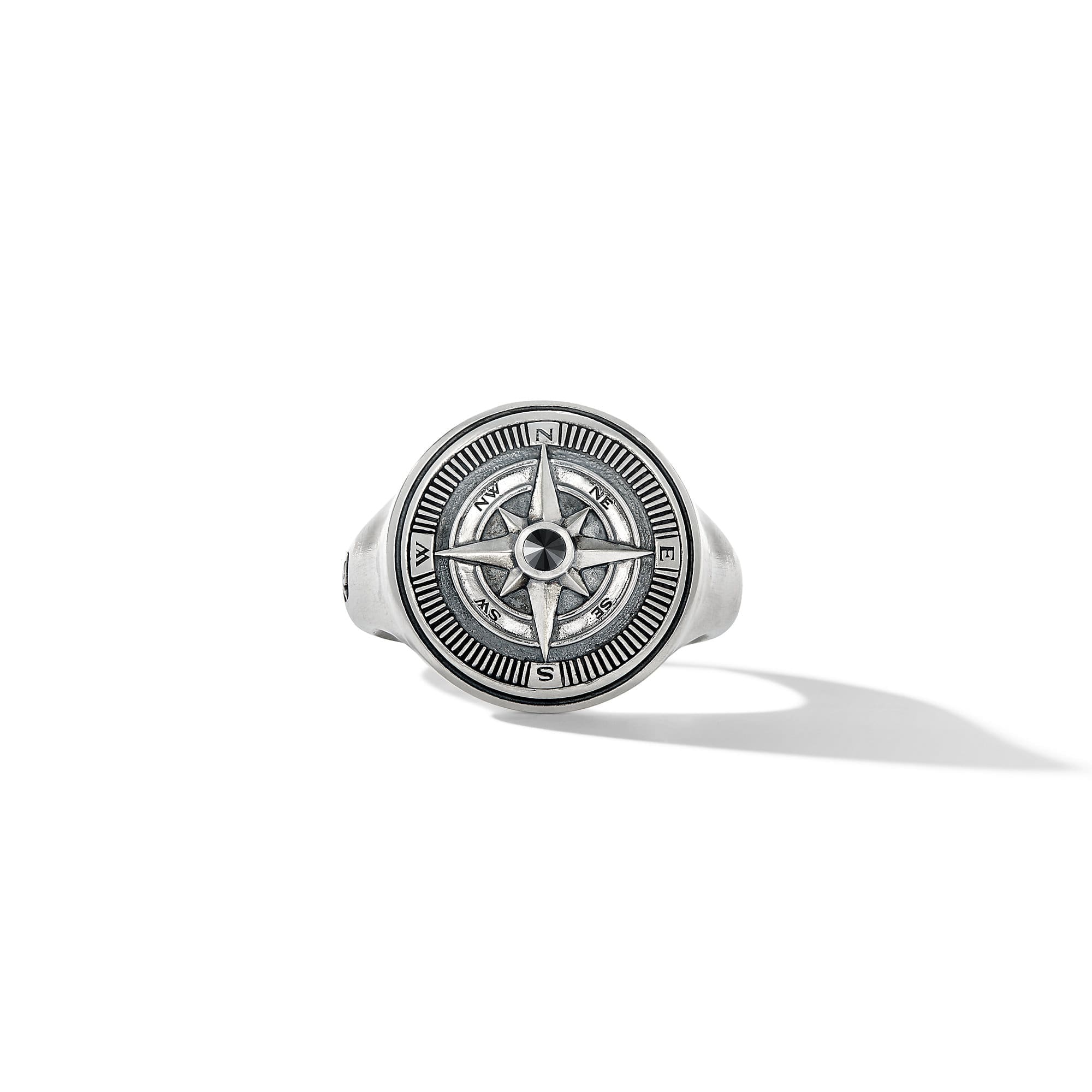 Maritime Compass Signet Ring in Sterling Silver with Center Black Diamond
