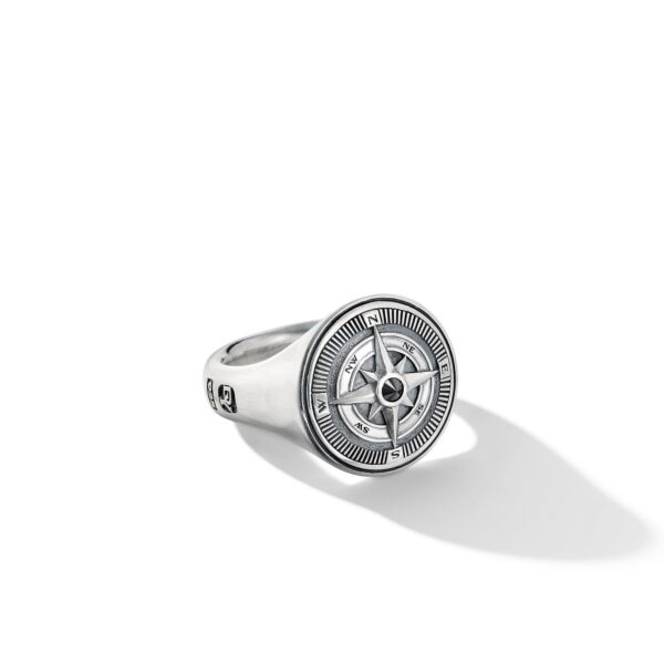 Maritime Compass Signet Ring in Sterling Silver with Center Black Diamond, 19.4mm