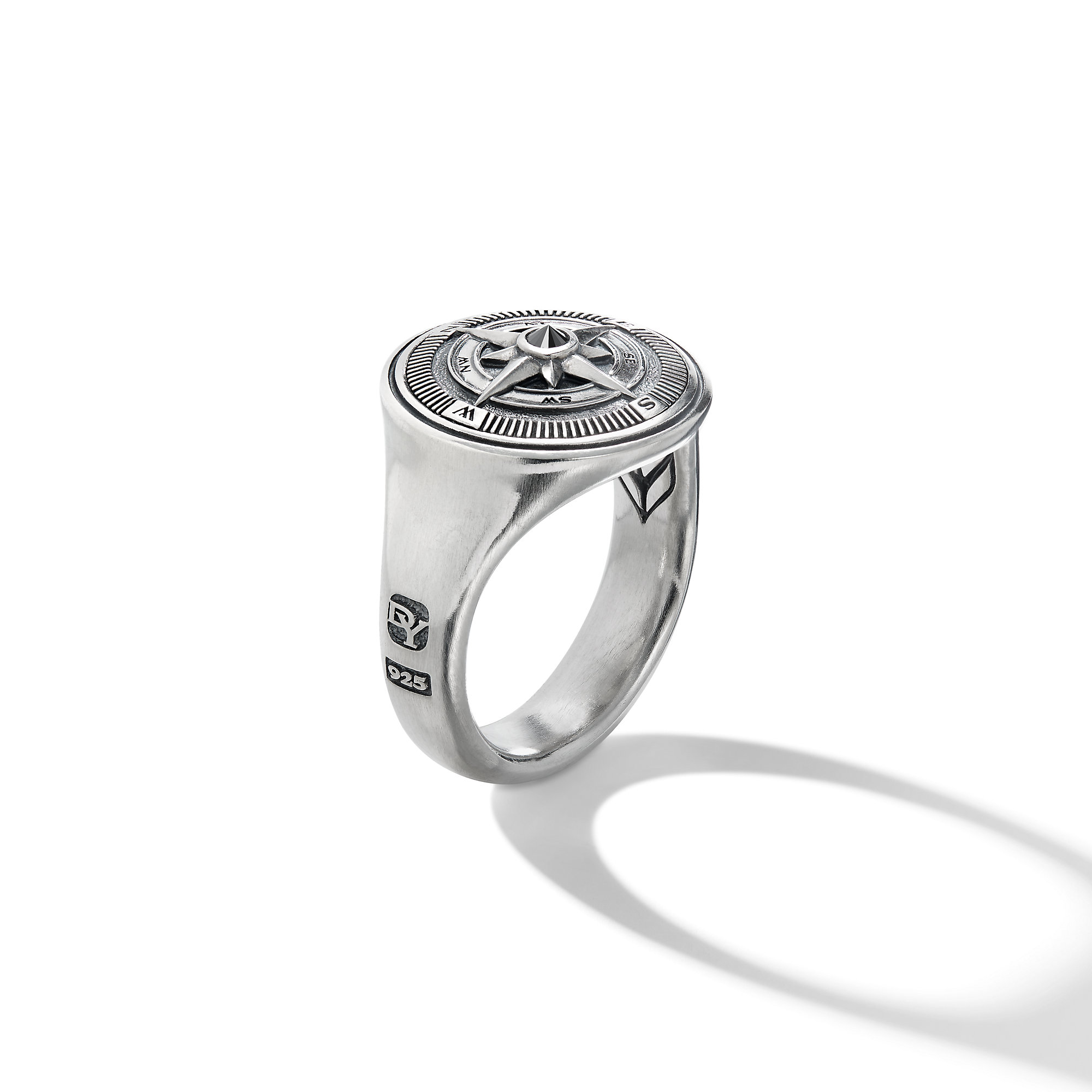 Maritime® Compass Signet Ring in Sterling Silver with Center Black Diamond