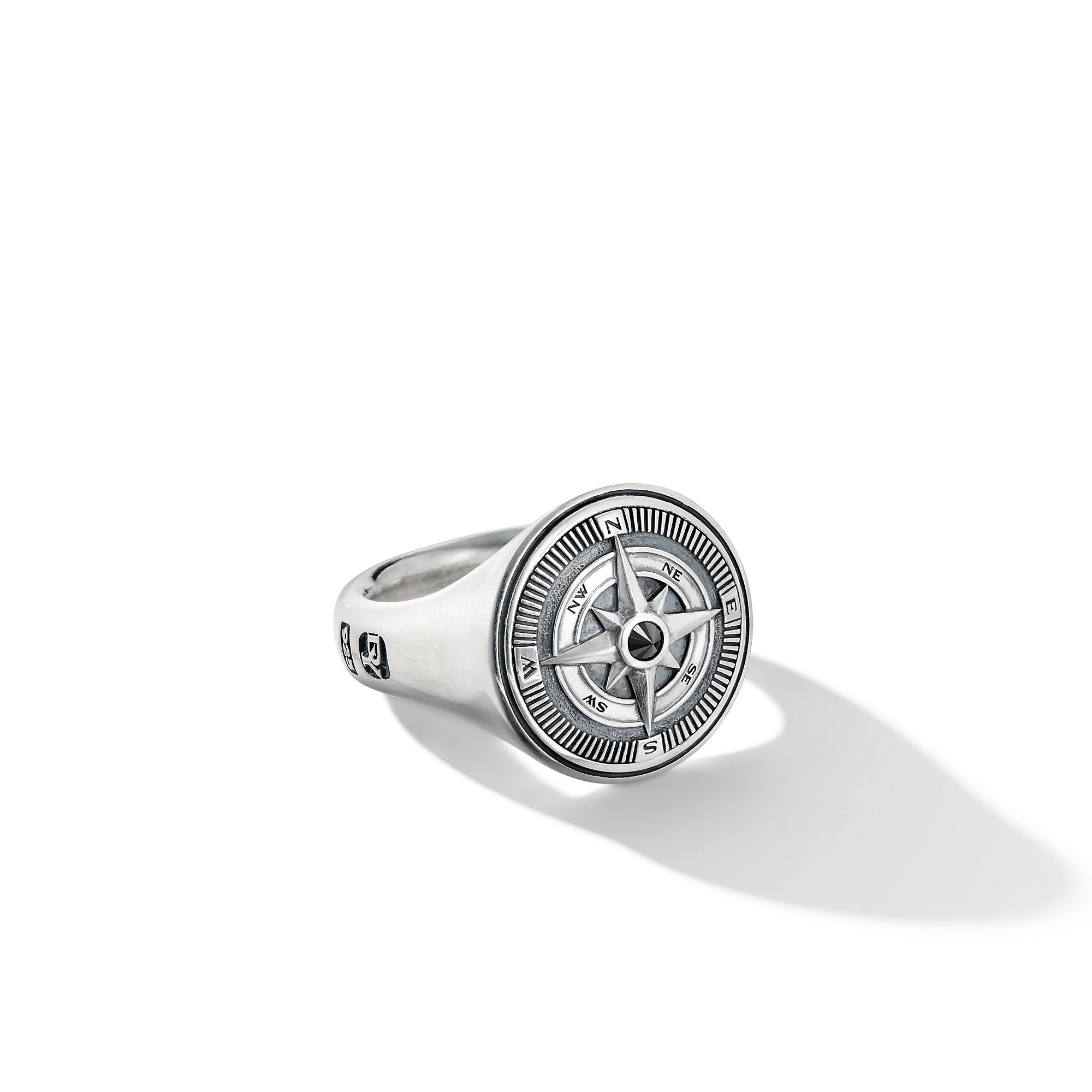 Maritime® Compass Signet Ring in Sterling Silver with Center Black Diamond