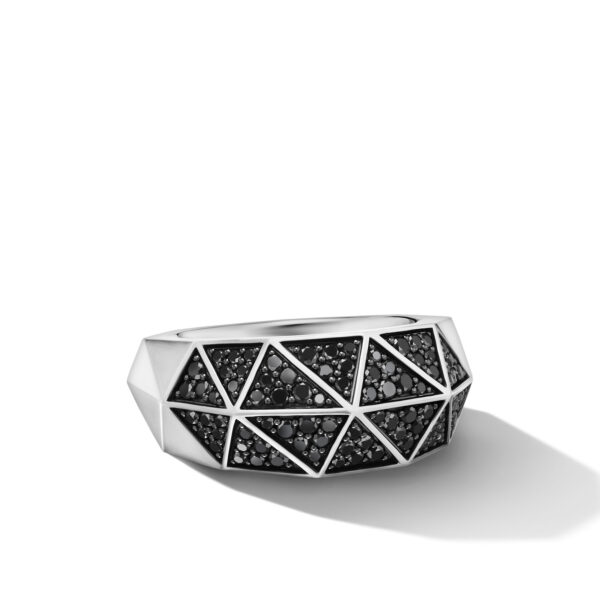 Torqued Faceted Signet Ring in Sterling Silver with Black Diamonds, 11.3mm