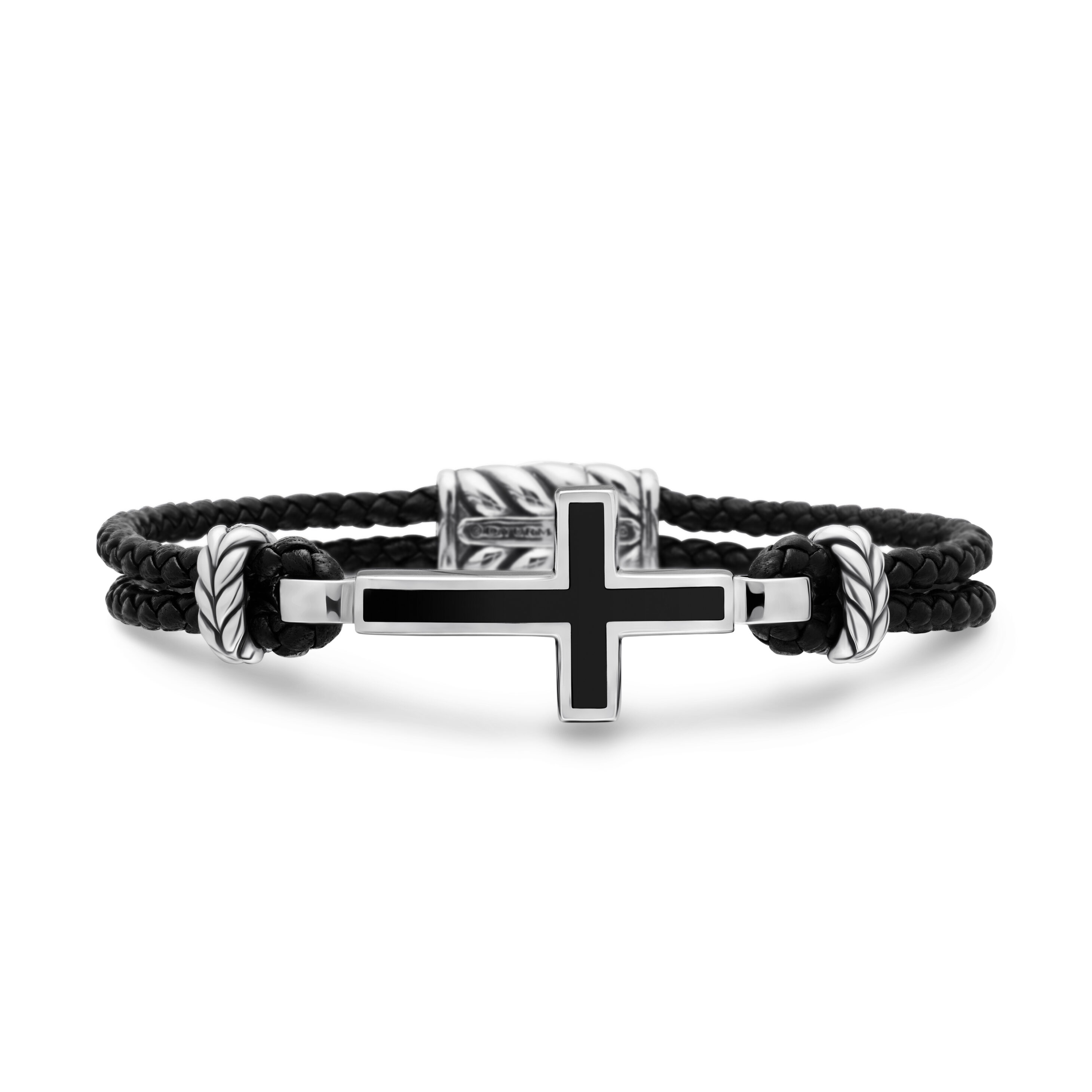 Exotic Stone Cross Bracelet in Black Leather with Sterling Silver and Black Onyx
