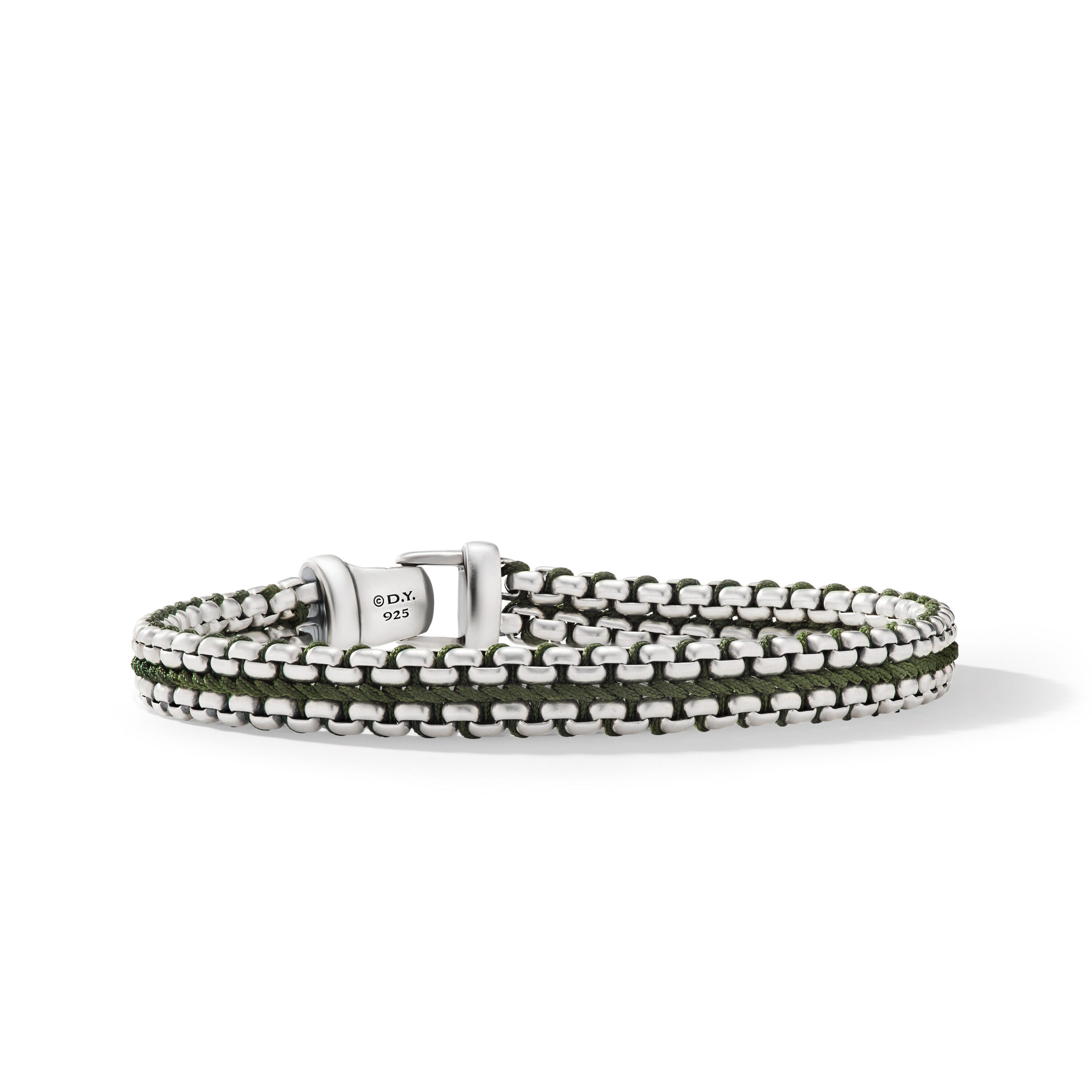 Woven Box Chain Bracelet in Sterling Silver with Green Nylon