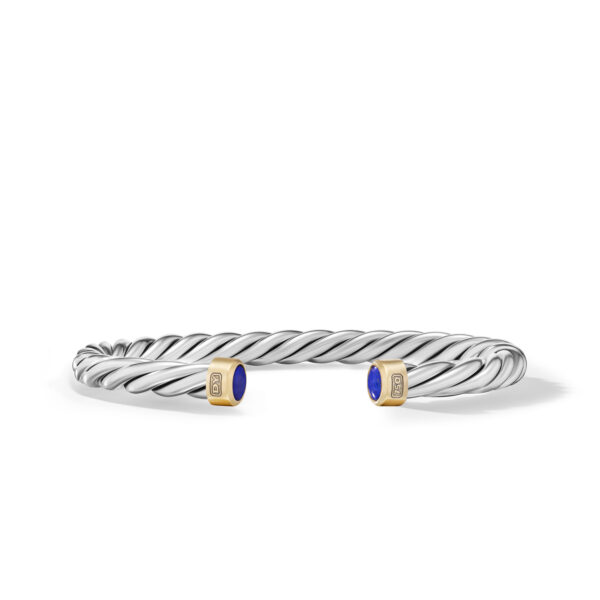 Cable Cuff Bracelet in Sterling Silver with 18K Yellow Gold and Lapis, 6mm