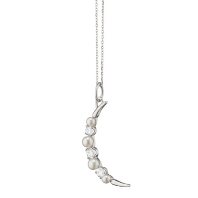 Sterling Silver White Sapphire and Pearl Moon Charm Necklace