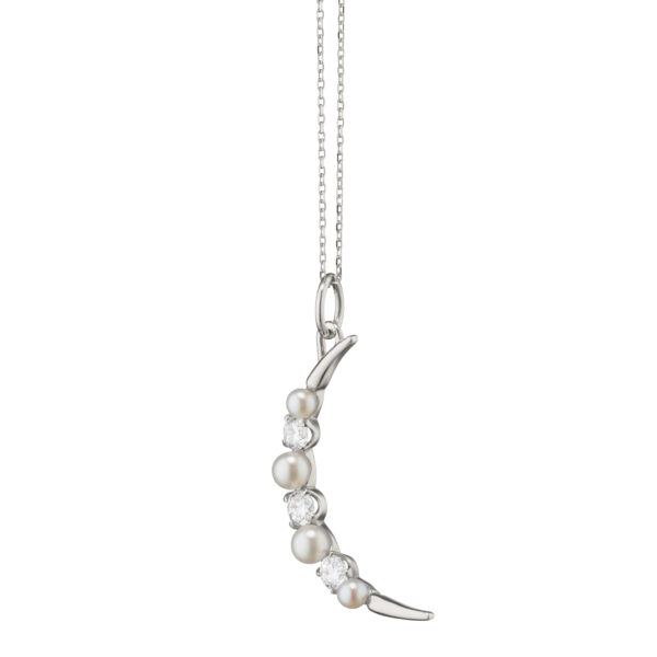 Sterling Silver White Sapphire and Pearl Moon Charm Necklace