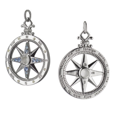 SS Global Compass Necklace with Blue and White Sapphires and Moonstone