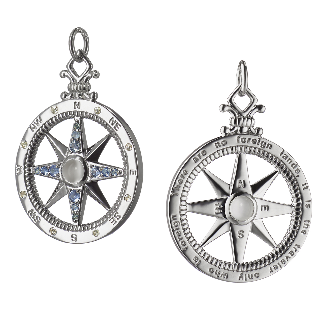 SS Global Compass Necklace with Blue and White Sapphires and Moonstone