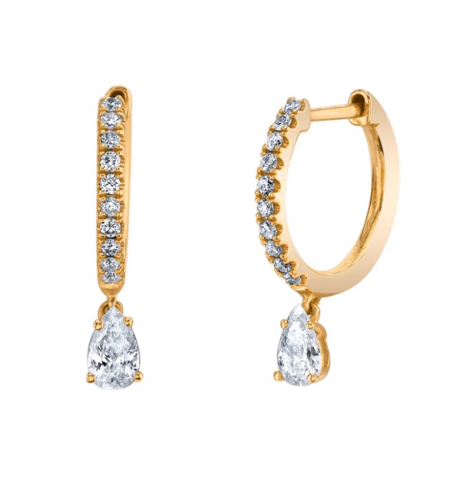 18K Gold DIAMOND HUGGIES WITH PEAR DIAMOND DROP