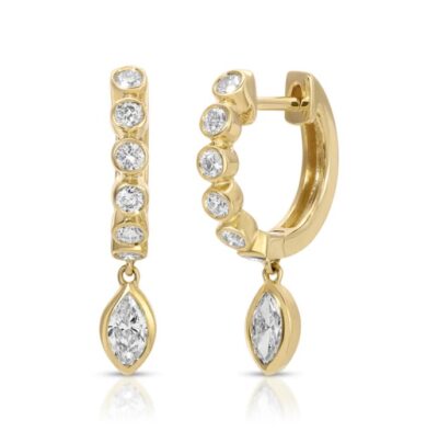 18k GOLD MELROSE BEZELED HUGGIES WITH MARQUISE DIAMOND DROP
