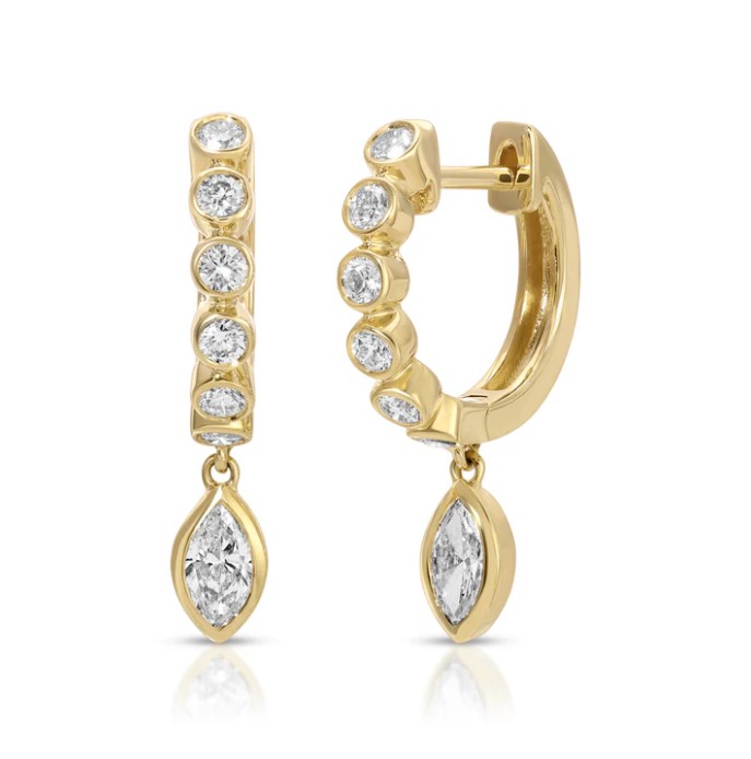 18k GOLD MELROSE BEZELED HUGGIES WITH MARQUISE DIAMOND DROP