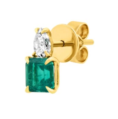 single 18k Yellow Gold PEAR DIAMOND STUD & EMERALD CUT EMERALD