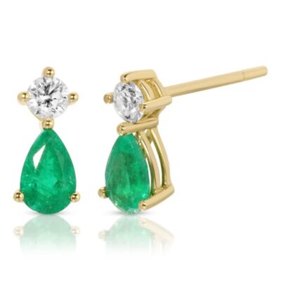 18k Yellow Gold Emerald Pear Violet Studs