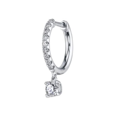 single 18k white gold Diamond Huggie With Round Diamond Drop