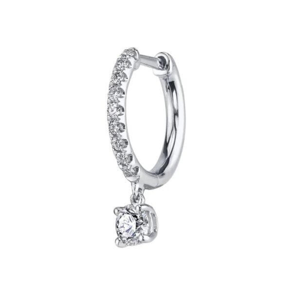 single 18k white gold Diamond Huggie With Round Diamond Drop
