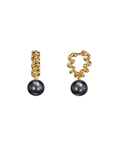 18KYG Beaching Drop Huggie Earrings with Grey Pearl