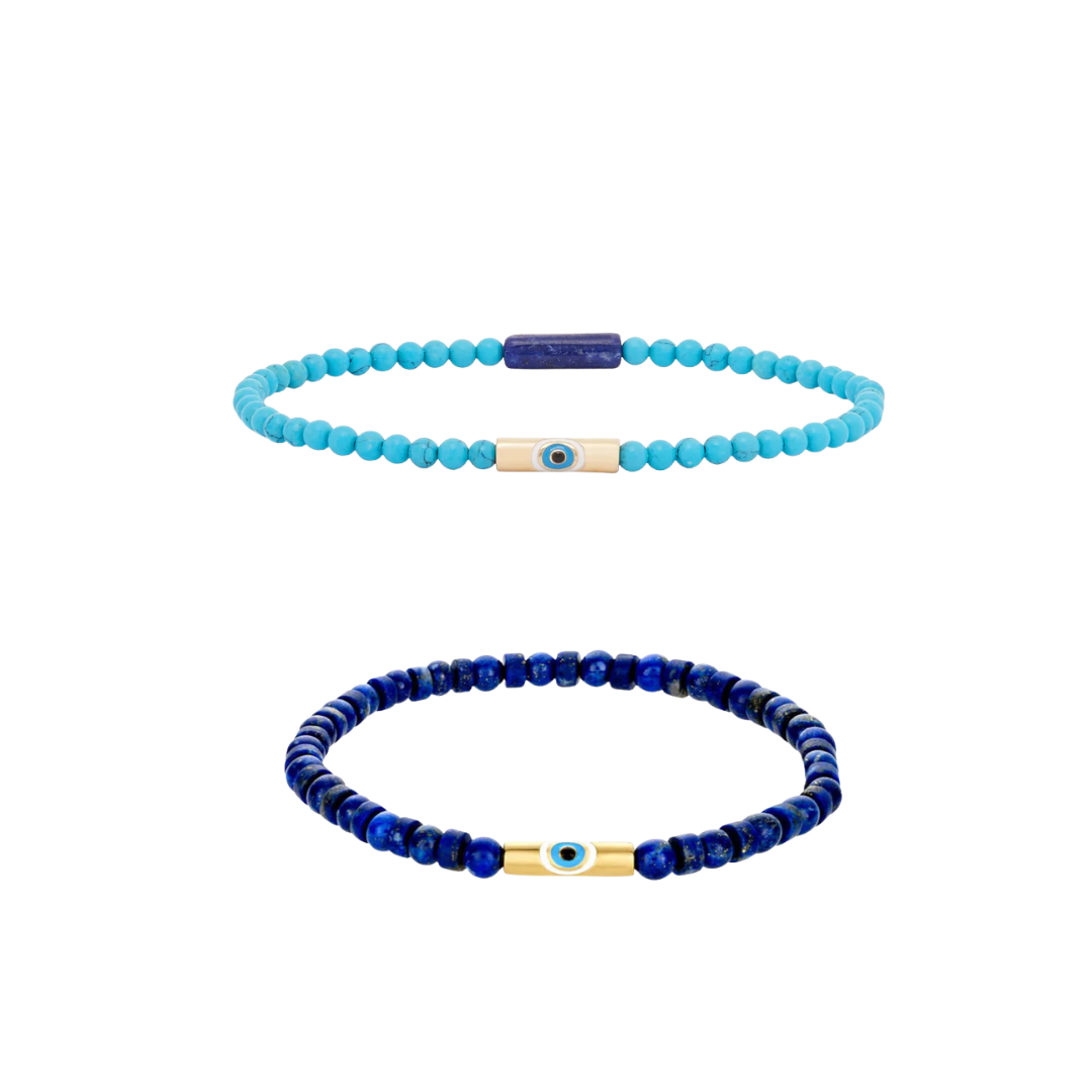 Enameled Evil Eye Slim Tube Lapis Beaded Bracelet