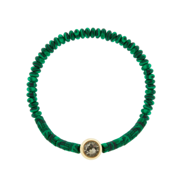 Round Morganite Bead on Malachite Beaded Bracelet, Size 7.5
