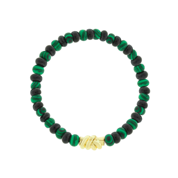 Gold Double Knot on a Malachite & Onyx Beaded Bracelet, Size 8