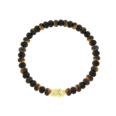 Gold Double Knot on Onyx & Tiger's Eye Beaded Bracelet, Size 7.5