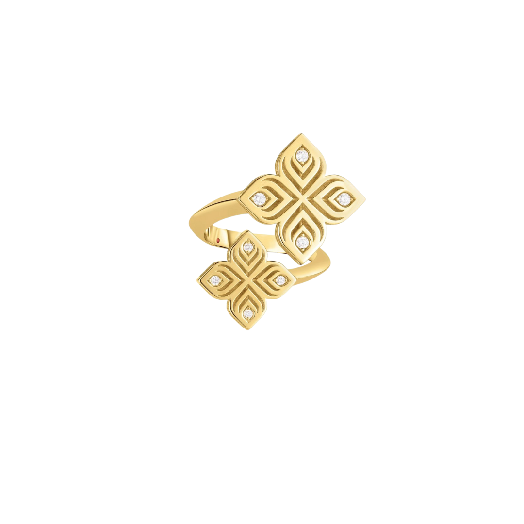 18K YELLOW GOLD ARABESQUE BYPASS DOUBLE DIAMOND FLOWER RING
